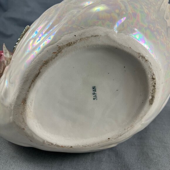 Vtg 9" Ceramic Swan Lustreware White Pink Roses Japan Planter Candy Dish Bath - Picture 4 of 4